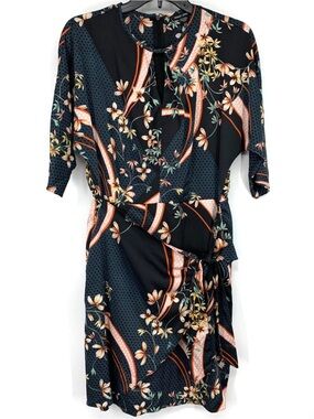 Maggy London Dress Women 10 Faux Wrap Blue Black Floral Print Keyhole 3/4 Sleeve